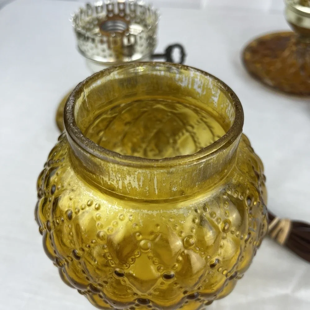 TWO Quilted Amber Glass Hurricane Bedside Vanity Table Electric Lamp